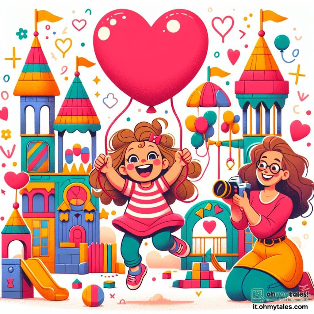 Une illustration sous forme de dessin destinée aux enfants représentant un parc de jeux géant rempli de structures colorées, avec une petite fille de 1 an aux cheveux bouclés et aux yeux pétillants, sautillant joyeusement vers un grand ballon rouge en forme de cœur, tandis que sa maman, une femme souriante aux cheveux longs et bruns, la regarde avec tendresse, et son papa, un homme jovial aux lunettes et à la barbe, tient un appareil photo prêt à capturer ce moment magique de son anniversaire.