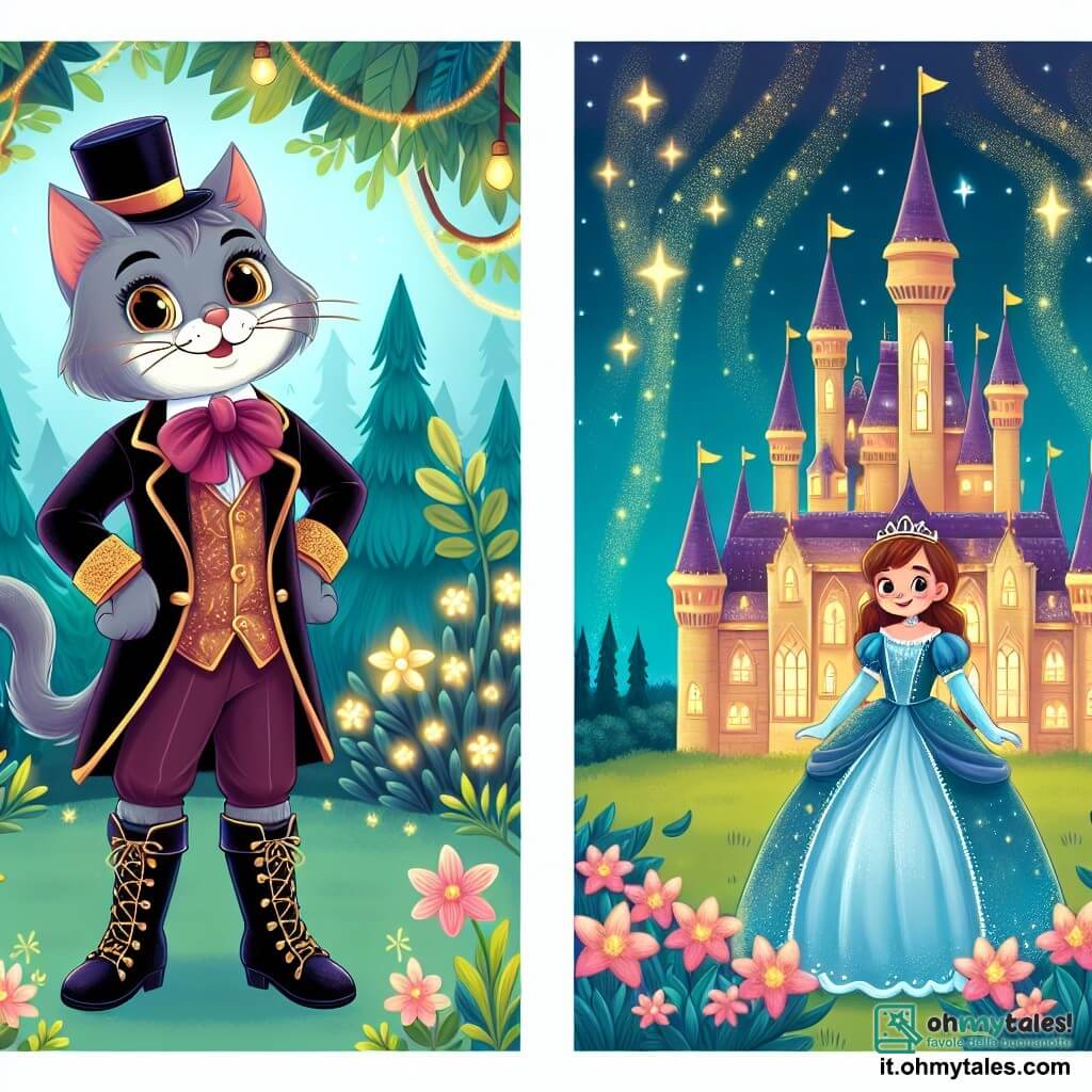 Une illustration destinée aux enfants représentant un chat malicieux, vêtu d'un costume élégant et portant des bottes magiques, se trouvant dans une forêt enchantée remplie de fleurs lumineuses, aux côtés d'une princesse au sourire émerveillé, dans un magnifique château aux tours scintillantes.