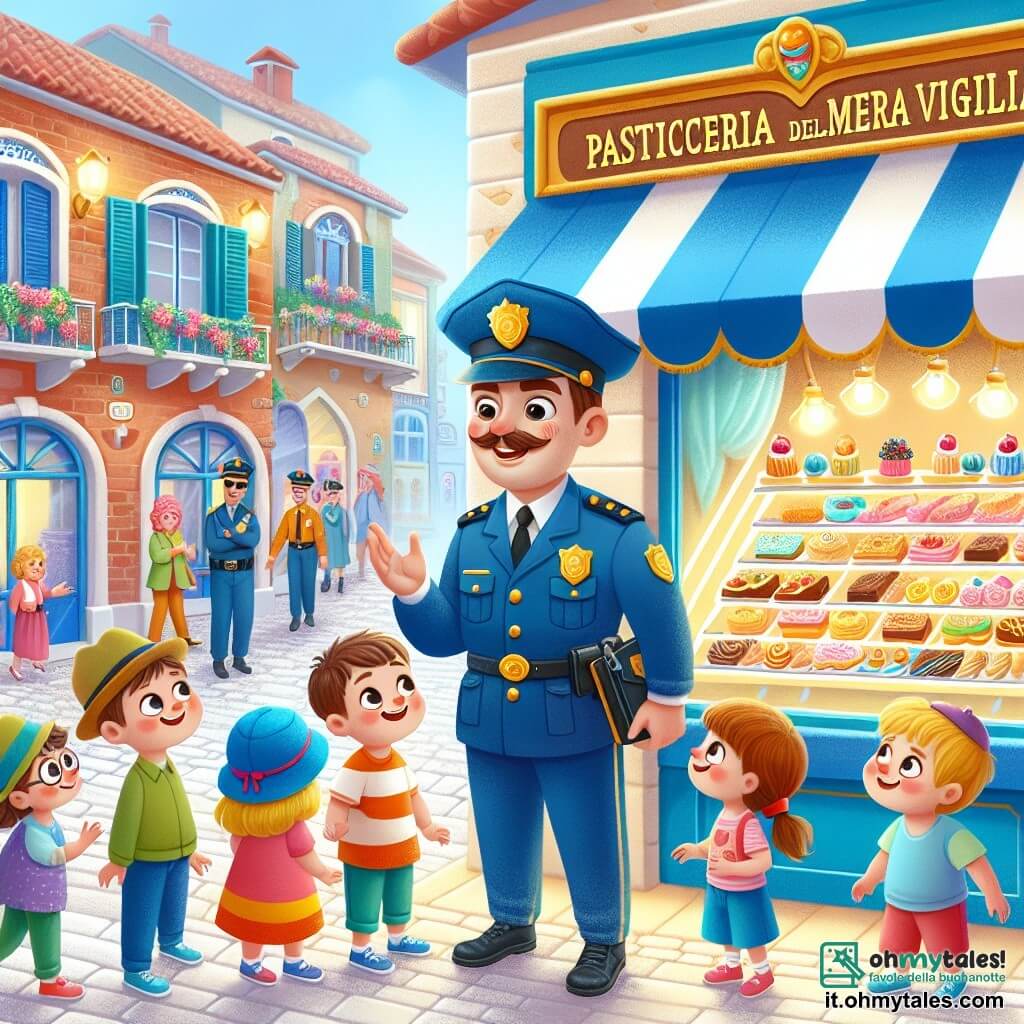Une illustration destinée aux enfants représentant un policier au grand cœur résolvant un mystère de vol de douceurs dans la charmante ville de Villabonita, entouré de jeunes détectives curieux, avec en arrière-plan la Pasticceria delle Meraviglie aux couleurs vives et aux délicieuses pâtisseries exposées.