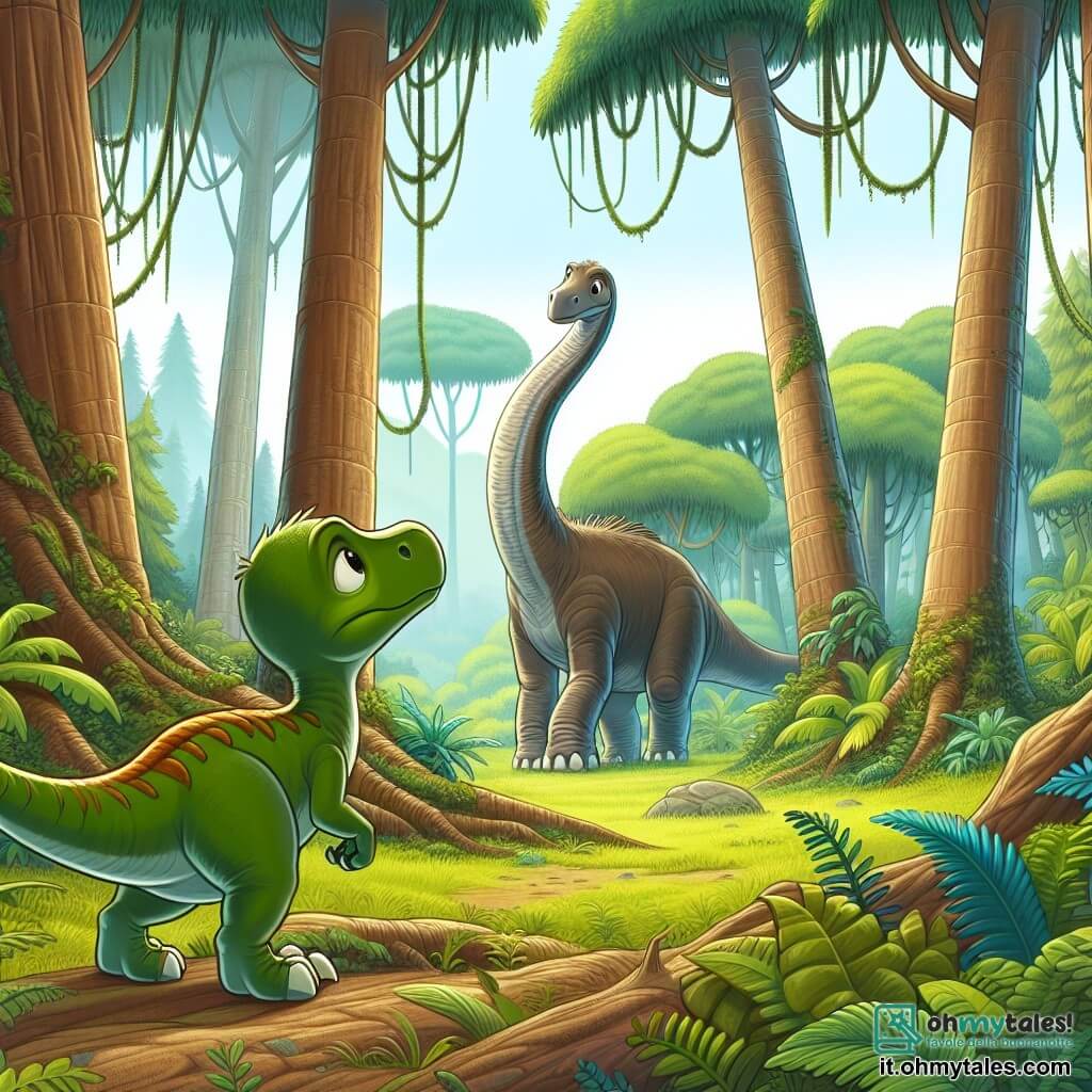 Une illustration destinée aux enfants représentant un jeune vélociraptor curieux se tenant au bord d'une clairière luxuriante de la Forêt des Gigantes, observant un brachiosaure triste égaré parmi les géants végétaux, prêt à l'aider dans sa quête.