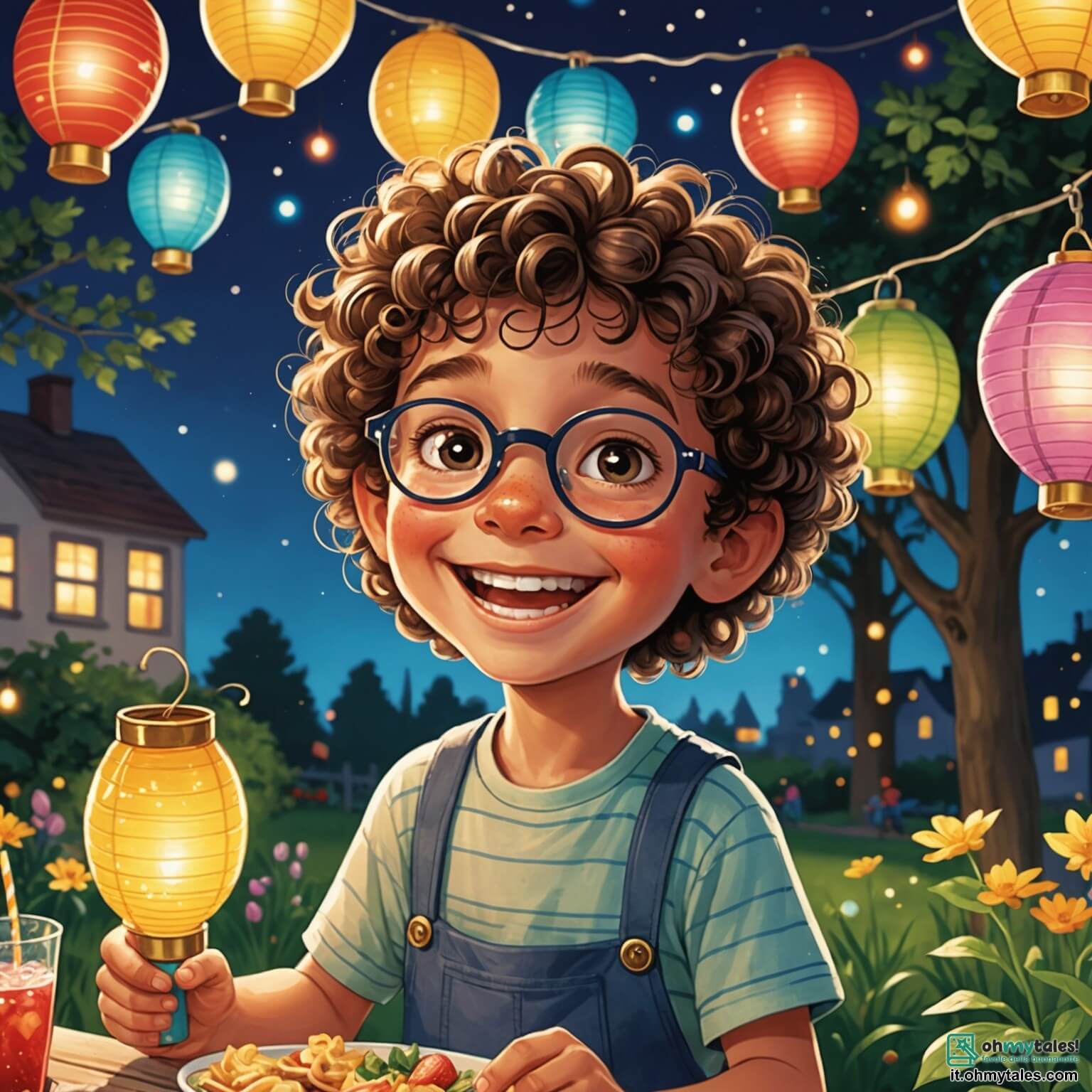 Une illustration destinée aux enfants représentant un petit garçon aux cheveux bouclés et aux yeux pétillants, débordant d'excitation alors qu'il s'active dans un jardin illuminé par des guirlandes scintillantes et des lanternes colorées, où des tables recouvertes de mets délicieux et de boissons pétillantes sont entourées de ses amis, une fille pleine de vie avec des couettes et un sourire éclatant, un autre garçon espiègle aux lunettes qui a apporté des feux d'artifice, et une maman attentionnée qui décore le tout avec des ballons multicolores, le tout se déroulant sous un ciel étoilé, alors qu'ils attendent avec impatience l'arrivée du Nouvel An, prêts à célébrer avec joie et rires.