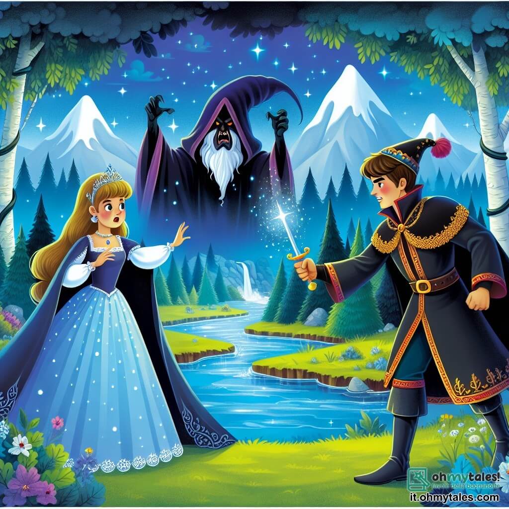 Une illustration destinée aux enfants représentant un prince courageux affrontant un maléfique stregone aux pouvoirs ténébreux, accompagné de sa magicienne bienveillante, dans un royaume enchanté aux forêts mystérieuses et aux rivières scintillantes.
