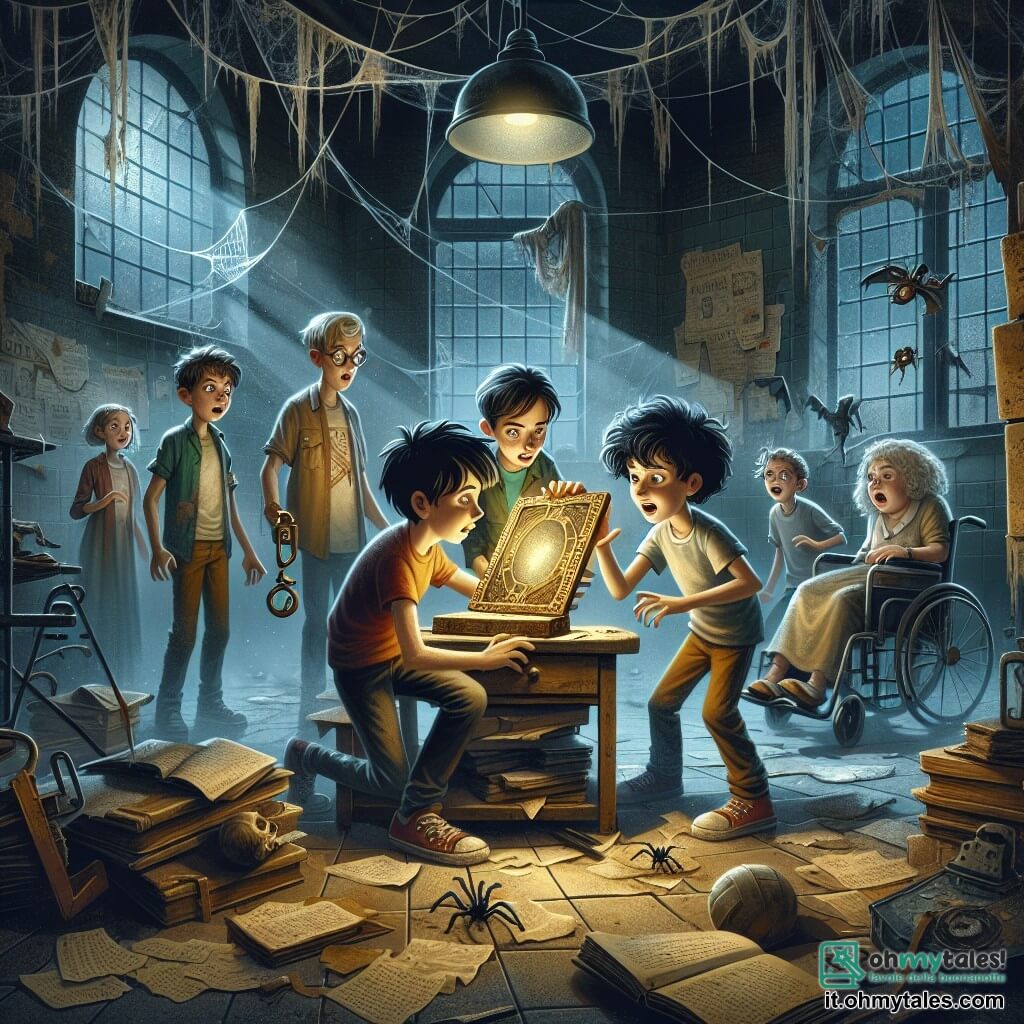 Illustrazione che rappresenta una scena misteriosa in un laboratorio abbandonato, immerso nell'oscurità. Le pareti sono coperte di vecchi fogli ingialliti e ragnatele, mentre una luce lunare filtra attraverso le finestre rotte, proiettando ombre inquietanti sul pavimento polveroso. Al centro della scena, un ragazzo di 11 anni, con i capelli neri disordinati e gli occhi sbarrati, tiene una chiave di bronzo nella mano tremante, il suo viso segnato dalla curiosità e dalla paura. Accanto a lui, una ragazza di 10 anni, con capelli ricci e un sorriso determinato, esamina un antico libro aperto su un tavolo, i suoi occhi brillano di eccitazione. Un altro ragazzo di 11 anni, con uno skateboard sotto il braccio e un'espressione audace, si china per osservare un strano apparecchio sul tavolo, mentre un ragazzo di 12 anni, su una sedia a rotelle, li guarda con un misto di entusiasmo e apprensione. La situazione principale mostra i bambini di fronte a uno specchio antico che sembra brillare di una luce misteriosa, mentre una silhouette ombrosa si delinea dietro di loro, aggiungendo un tocco di angoscia all'atmosfera. Schegge di vetro e strumenti di laboratorio sparsi intorno a loro rinforzano l'idea di un luogo carico di segreti.