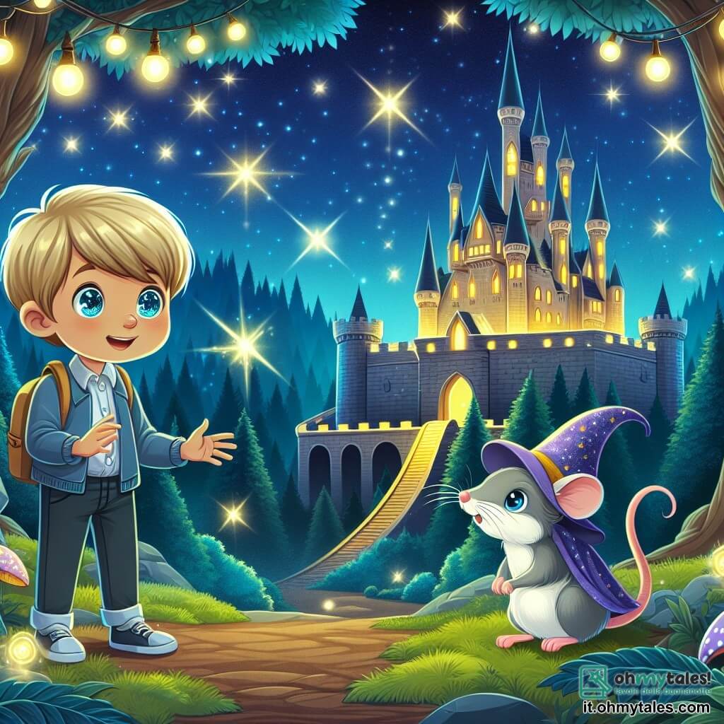 Une illustration destinée aux enfants représentant un garçon aux yeux pétillants découvrant un mystérieux invité, un Topolino Mago, devant un castello fatato illuminé par des lucioles scintillantes dans une magnifique forêt magique.
