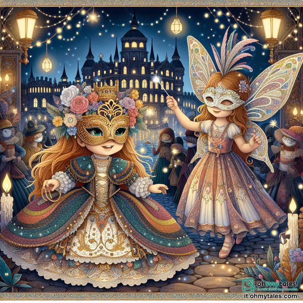 Une illustration destinée aux enfants représentant une fillette masquée d'une magnifique masque doré, découvrant un mystérieux bal incanté en compagnie d'une gentille fée, dans un château scintillant de lumières, lors du Carnevale.