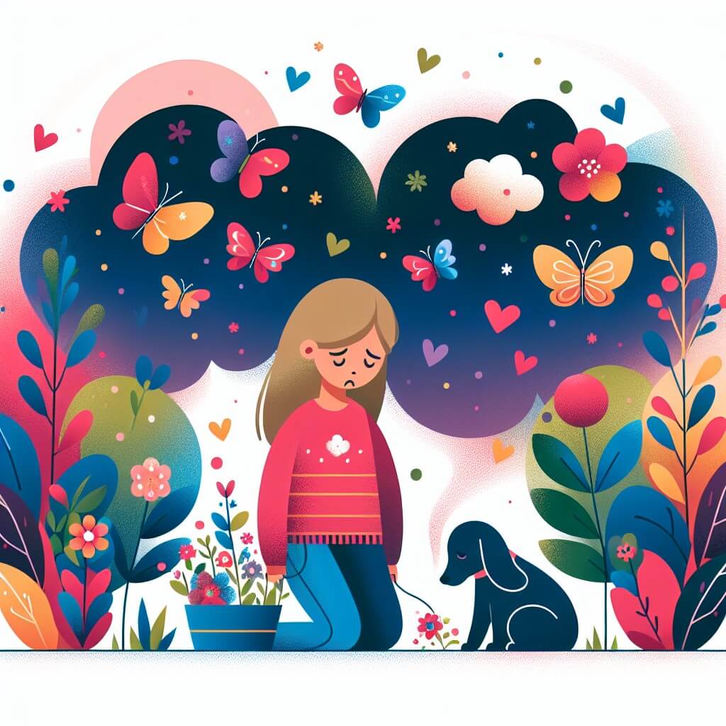 Une illustration destinée aux enfants représentant une jeune fille, triste et solitaire, qui fait face à la perte de son cher animal de compagnie, entourée d'un jardin fleuri rempli de couleurs et de papillons virevoltants.