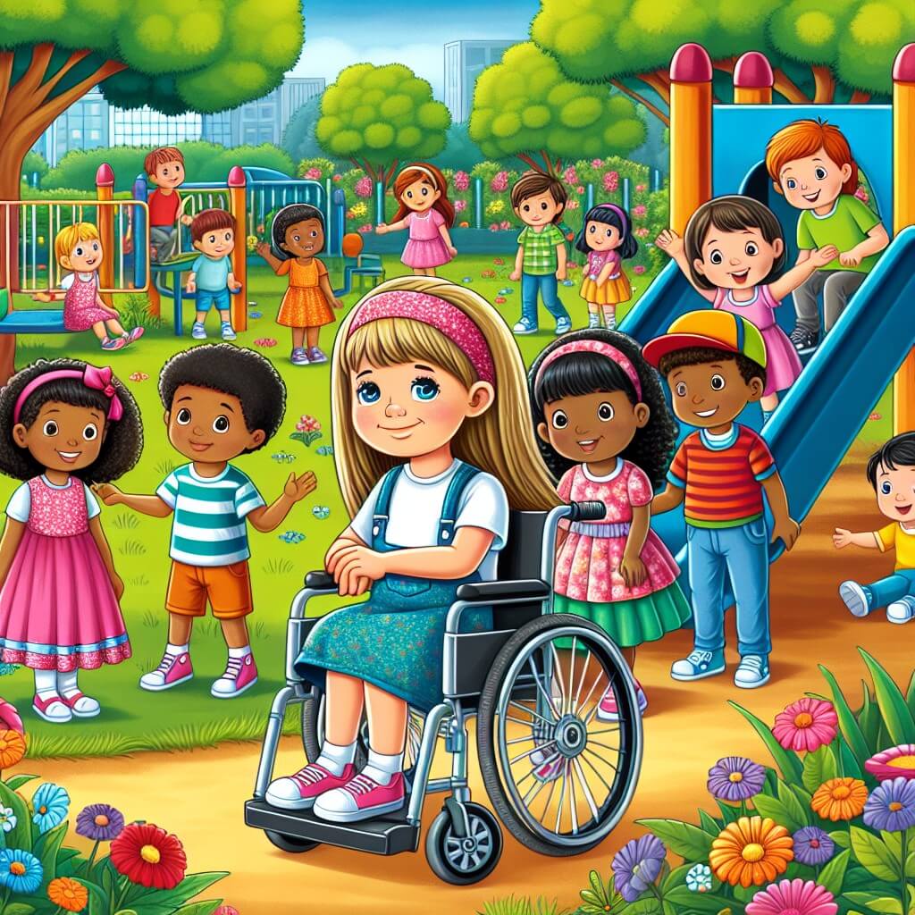 Une illustration destinée aux enfants représentant une petite fille curieuse, une rencontre avec un nouvel ami en chaise roulante, un groupe d'enfants inclusifs et un magnifique parc verdoyant avec des arbres, des fleurs et une grande aire de jeux colorée.