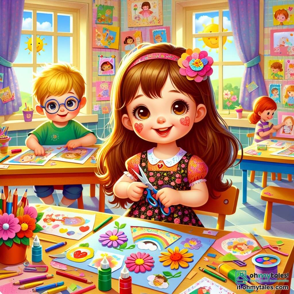 Illustrazione che rappresenta un'aula luminosa e colorata, con muri decorati da disegni di bambini e finestre che lasciano entrare la luce del sole. Al centro dell'immagine, una bambina di 5 anni, con lunghi capelli castani e occhi scintillanti, è seduta a un tavolo, concentrata sulla creazione di un collage. Indossa un vestito a fiori colorati e ha macchie di vernice sulle mani. Accanto a lei, un ragazzo di 6 anni, con capelli biondi e occhiali, osserva con curiosità, tenendo un mazzo di fiori di carta che ha realizzato. La scena mostra la bambina mentre ritaglia foto con le forbici, circondata da carta colorata, colla e pastelli. Sullo sfondo, altri bambini lavorano ai loro progetti, creando un'atmosfera gioiosa e creativa, piena di risate ed eccitazione per la festa della mamma.