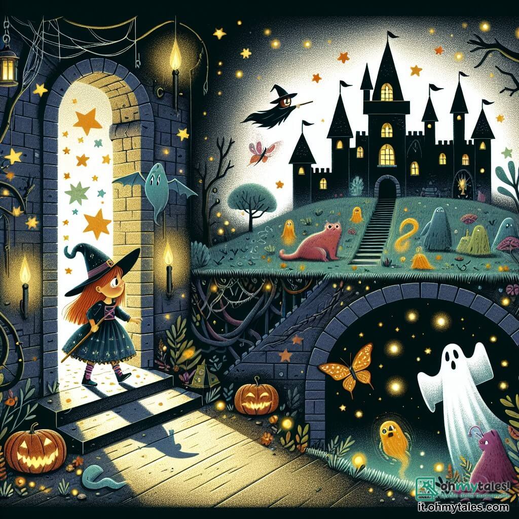 Une illustration destinée aux enfants représentant une fillette déguisée en sorcière, découvrant un fantôme gentil dans une cave sombre et poussiéreuse transformée en un château magique illuminé par des lucioles et habité par des créatures fantastiques, lors d'une nuit d'Halloween pleine de mystères et de surprises.