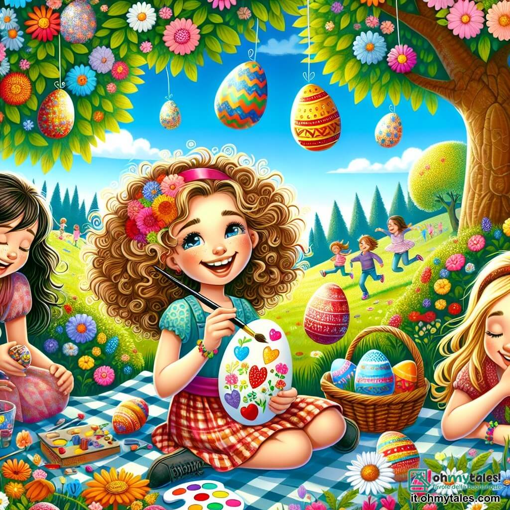 Illustrazione che rappresenta un parco soleggiato, pieno di fiori colorati e alberi maestosi con foglie verdi. Al centro, tre ragazze di circa undici anni sono sedute su una coperta a quadretti, circondate da ovetti di Pasqua decorati con motivi gioiosi. Una delle ragazze, con i capelli castani e ricci, sorride tenendo un pennello e una tavolozza di colori vivaci. La seconda, con i capelli biondi e una treccia, mostra un ovetto decorato con un grande cuore rosso, mentre la terza, con i capelli castano scuro e lisci, ride tenendo un ovetto luccicante tra le mani. Sullo sfondo, bambini corrono felicemente, cercando uova colorate nascoste nell'erba, mentre palloncini fluttuano nel cielo blu. L'atmosfera è festosa e piena di gioia, catturando lo spirito della caccia agli ovetti di Pasqua.