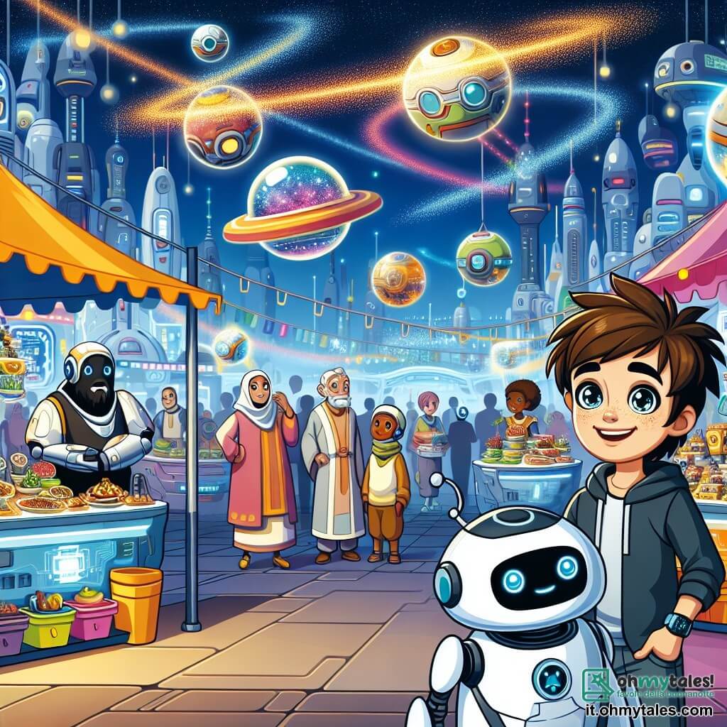 Illustrazione che rappresenta una scena vivace in un mercato galattico futuristico, con bancarelle colorate che vendono specialità culinarie fluttuanti e robot venditori dai design variati. In primo piano, un ragazzo di dieci anni, con capelli castani disordinati e occhi brillanti, sorride tenendo un piccolo robot amichevole al suo fianco. Il robot, di dimensioni umane, ha un aspetto simpatico con un volto sorridente e braccia articolate, mentre aiuta il ragazzo a contrattare con un venditore. Sullo sfondo, persone di diverse origini ammirano i prodotti tecnologici e veicoli fluttuanti passano sopra le loro teste. Luci vivaci e ologrammi colorati illuminano l'intera scena, creando un'atmosfera gioiosa e dinamica.