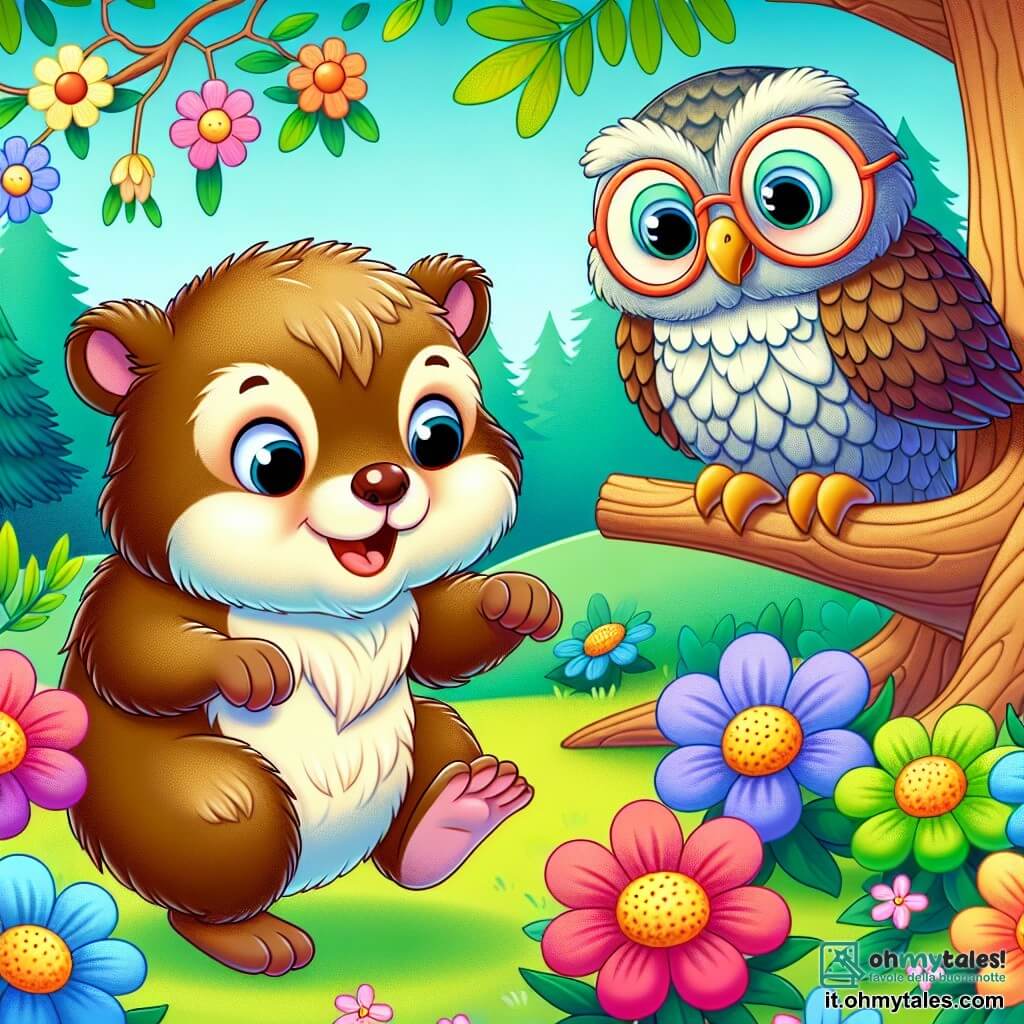 Une illustration sous forme de dessin destinée aux enfants représentant un verdoyant bosquet ensoleillé, où une petite marmotte au pelage doux et brun, aux yeux pétillants de curiosité, se tient joyeusement en train de sauter parmi des fleurs colorées, tandis qu'un vieux hibou aux plumes grises et aux lunettes rondes, perché sur une branche, sourit avec sagesse, observant la scène, alors qu'ils découvrent ensemble la magie de l'aventure et l'importance de l'amitié.