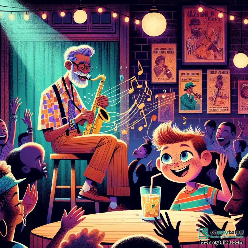 Illustrazione che rappresenta una scena vibrante in un vivace club jazz. Le pareti sono adornate con vecchie locandine di concerti e luci soffuse creano un'atmosfera calda. Tavoli di legno sono disposti attorno a un palco rialzato, dove un uomo di mezza età, con capelli brizzolati e una camicia a quadri, suona il sassofono con passione. Il suo viso esprime gioia e concentrazione, mentre le sue dita danzano sull'istrumento, producendo note ipnotiche. Tra il pubblico, un giovane ragazzo di circa undici anni, con capelli castani disordinati e occhi brillanti di meraviglia, ascolta attentamente, con un ampio sorriso. Indossa una maglietta colorata e pantaloni corti, tenendo un bicchiere di limonata tra le mani. La scena cattura il momento in cui il musicista suona una melodia coinvolgente, e il ragazzo, ispirato, sogna di diventare musicista anche lui. Note musicali fluttuano nell'aria, aggiungendo un tocco magico all'illustrazione, mentre altri spettatori di diverse età applaudono e si lasciano trasportare dalla musica, creando un'atmosfera di gioia e condivisione.