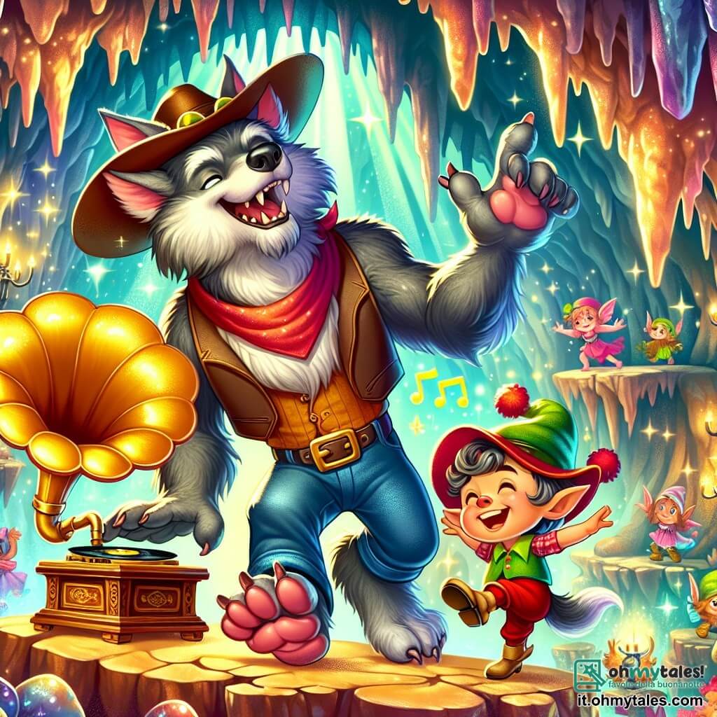 Illustrazione che rappresenta una caverna magica, con stalattiti scintillanti e stalagmiti colorati che brillano sotto una luce dolce e dorata. Al centro della scena, un lupo mannaro amichevole, con pelliccia grigia e occhiali da sole, indossa un grande cappello da cowboy. Danza gioiosamente, con le grandi zampe posteriori sollevate, mostrando il suo lato ludico. Accanto a lui, un piccolo elfo dai capelli ricci e dal sorriso splendente, con un cappello rosso dotato di un campanellino, scoppia in una risata mentre fa gesti comici. La scena principale mostra il lupo mannaro e l'elfo divertirsi attorno a un vecchio grammofono magico, che emette note musicali gioiose e scoppi di risate. Sullo sfondo, altre creature colorate, come fate e gnomi, ballano e ridono, aggiungendo un'atmosfera festosa e gioiosa a questa scena incantata.