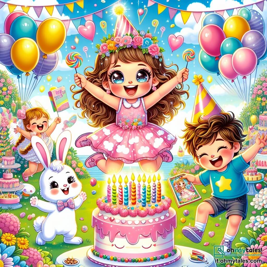Illustrazione che rappresenta una festa di compleanno gioiosa in un giardino soleggiato, pieno di fiori colorati e palloncini fluttuanti. Al centro, una bambina di 3 anni con grandi occhi scintillanti, capelli ricci e un sorriso radioso, indossa un vestito rosa con nuvole bianche. Sta saltando di gioia, tenendo un libro di favole nelle sue piccole mani. Intorno a lei, due amici: un ragazzo di 4 anni con capelli castani in disordine, che indossa una maglietta blu e pantaloni corti, ride mentre tiene caramelle colorate, e una ragazza di 3 anni con trecce e un vestito giallo a pois, che danza alzando le braccia. La scena mostra una grande torta di compleanno decorata con candele scintillanti, circondata da risate e felicità, mentre un grande coniglio magico, con un cilindro e occhiali da sole, fa le smorfie distribuendo caramelle. Palloncini fluttuano nel cielo blu e festoni colorati decorano gli alberi, creando un'atmosfera festosa e incantata.