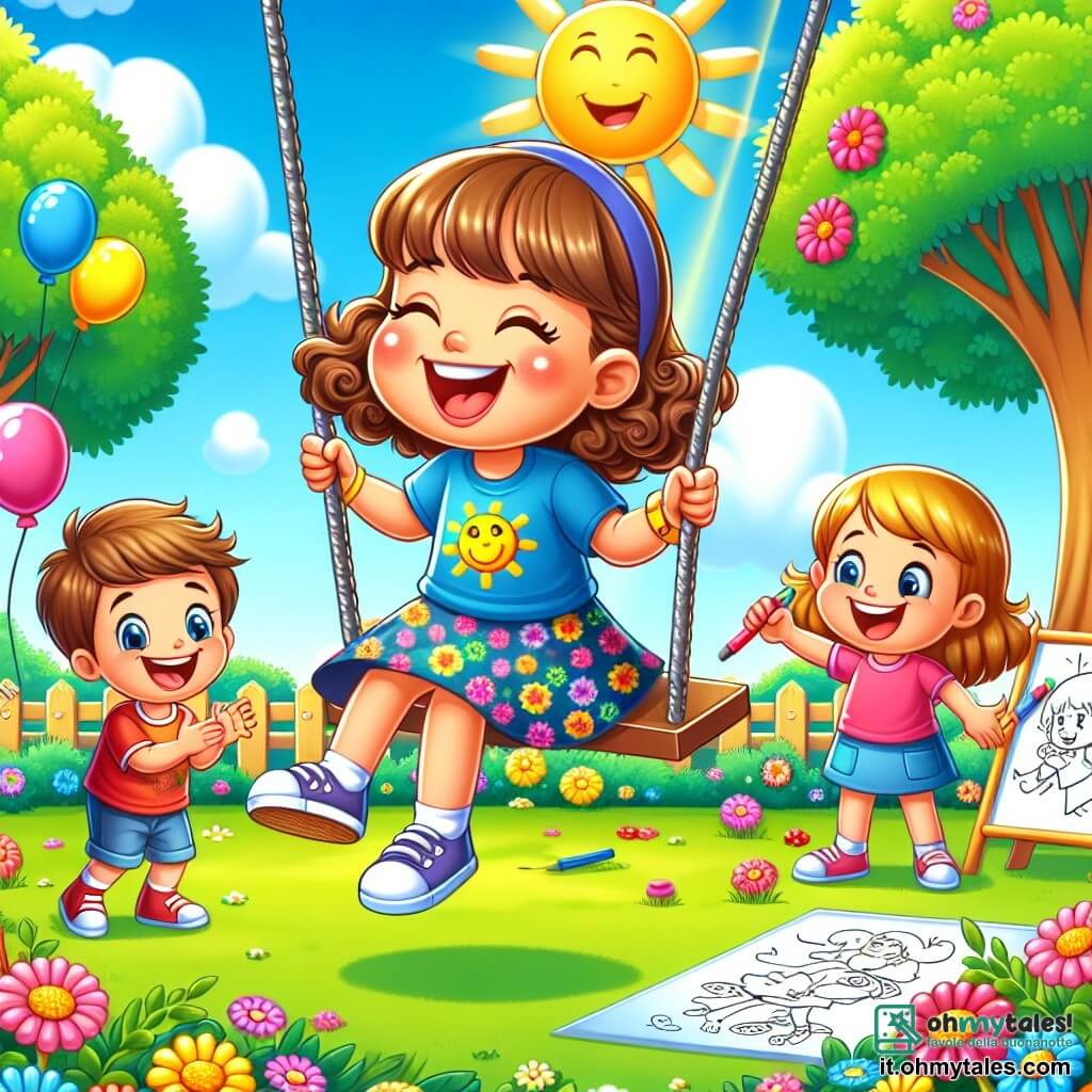 Illustrazione che rappresenta una scena gioiosa in un cortile scolastico colorato, circondato da grandi alberi verdi e fiori vivaci. Al centro, una bambina di 5 anni, con capelli ricci castani, indossa una maglietta blu con un sole giallo e una gonna a fiori, ride mentre dondola su un grande altalena. Accanto a lei, un ragazzo di 6 anni, con una maglietta rossa e pantaloni corti, applaude sorridendo, mentre un'altra bambina di 5 anni, con capelli lisci e una maglietta rosa, disegna su un grande foglio bianco posato a terra. La scena è piena di risate ed energia, con bambini che giocano intorno, palloni colorati che fluttuano nell'aria e un grande sole che brilla in un cielo azzurro chiaro.