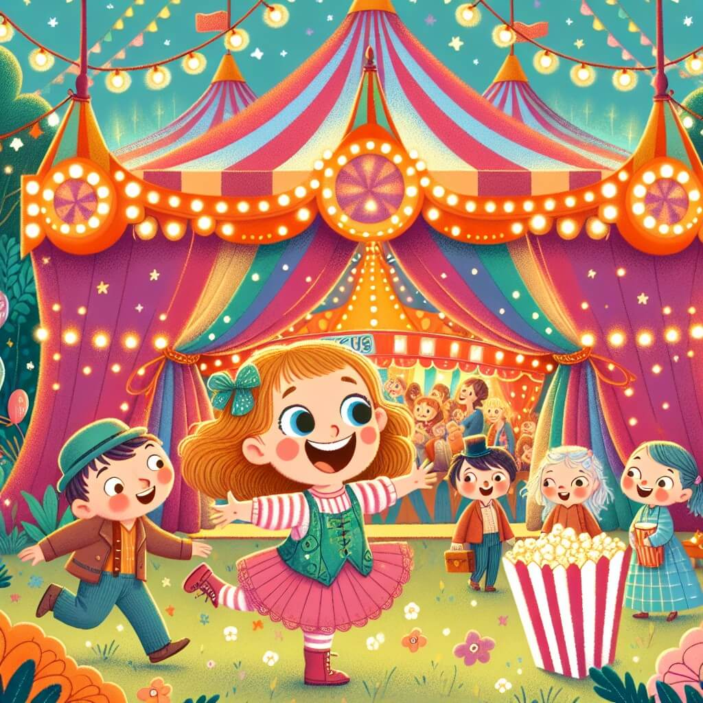 Une illustration destinée aux enfants représentant une jeune acrobate pleine de vie et de curiosité qui découvre un cirque enchanteur, accompagnée de sa famille, et assiste à un spectacle magique rempli de lumières colorées, de musique joyeuse et d'odeur de popcorn dans une grande tente de cirque installée au milieu d'un parc verdoyant.