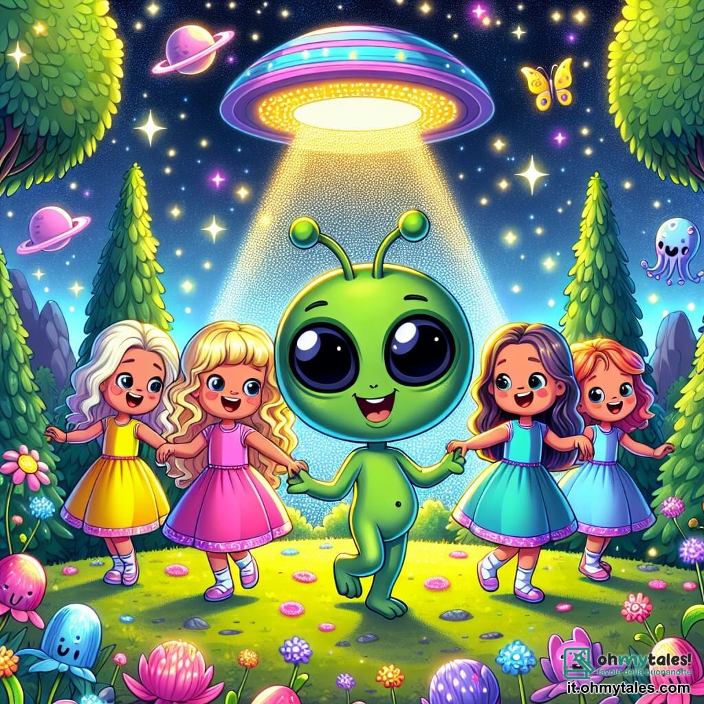 Illustrazione che rappresenta un paesaggio incantato sul pianeta Glimmor, con alberi dai colori vivaci, fiori cantanti e un cielo stellato scintillante. Al centro dell'immagine, quattro ragazze di sette anni, due bionde e due brune, danzano gioiosamente attorno a un piccolo extraterrestre verde, con grandi occhi rotondi e un sorriso amichevole. Le ragazze indossano abiti colorati, uno rosa, uno blu, mentre le altre due sono vestite di giallo e viola. L'extraterrestre, con una pelle lucente e antenne, si diverte mostrando passi di danza. Sullo sfondo, creature colorate e luci scintillanti aggiungono un tocco magico alla scena, mentre un grande disco volante brilla sopra di loro, simboleggiando l'amicizia intergalattica.