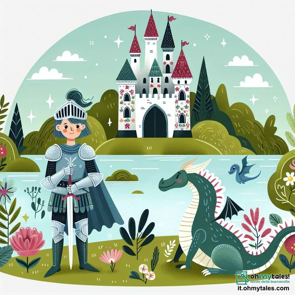 Une illustration destinée aux enfants représentant une chevalière courageuse, accompagnée d'un dragon gentil, se tenant devant un imposant château de pierre aux murs ornés de motifs floraux, situé au sommet d'une colline verdoyante surplombant un lac scintillant.