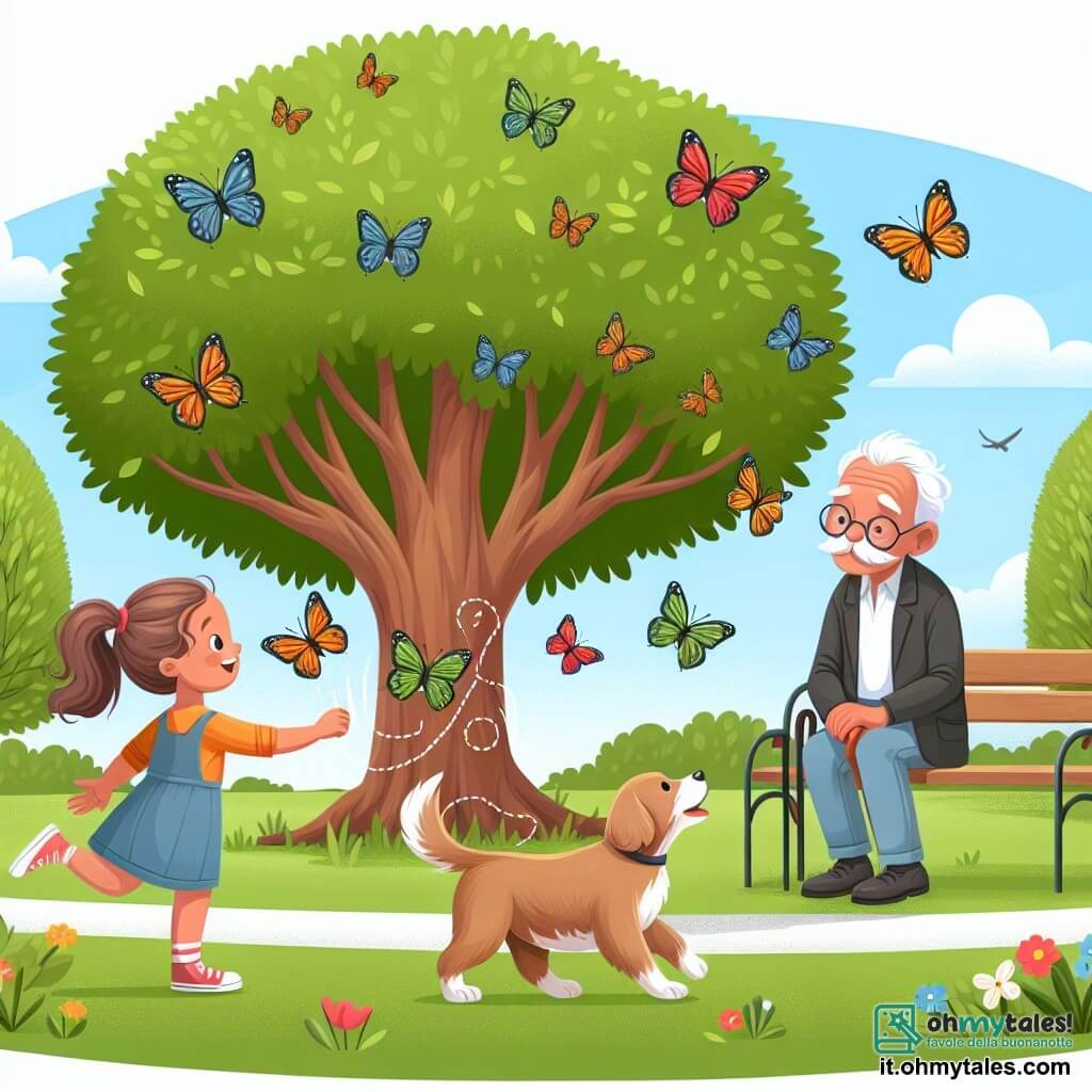 Une illustration destinée aux enfants représentant une jeune fille curieuse suivant une farfalla colorée jusqu'à un majestueux arbre au parc, où elle rencontre un vieux monsieur gentil assis sur une panchina, avec son fidèle chien à ses côtés.