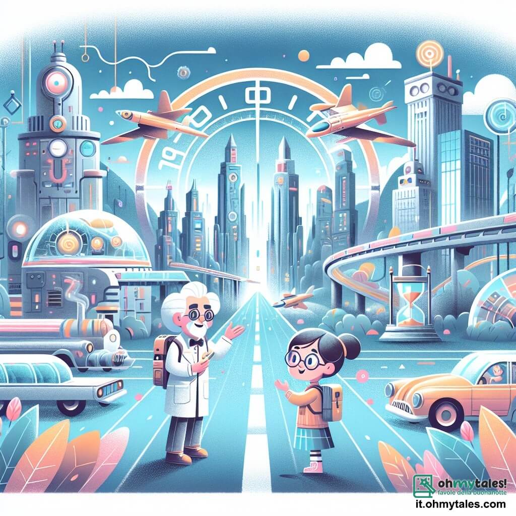Une illustration destinée aux enfants représentant une fillette curieuse voyageant dans le temps, accompagnée d'un gentil scientifique, se déroulant dans une ville futuriste pleine de macchine volantes et d'édifices altissimes.