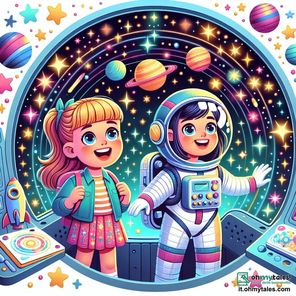 Une illustration destinée aux enfants représentant une jeune fille passionnée par l'espace, accompagnée d'une astronaute féminine au sourire étincelant, explorant l'univers depuis une navicelle spacieuse entourée d'étoiles scintillantes et de planètes colorées.