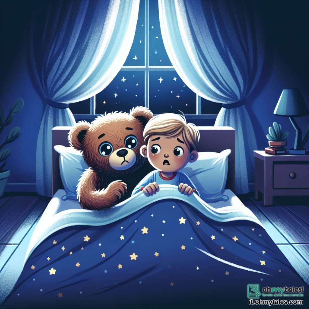 Une illustration destinée aux enfants représentant un jeune garçon tremblant sous les draps de son lit, tandis qu'un petit compagnon en peluche, un ours en peluche aux grands yeux brillants, tente de le réconforter dans une chambre plongée dans l'obscurité, avec la lueur douce de la lune qui filtre à travers les rideaux étoilés et les ombres mystérieuses qui dansent sur les murs.