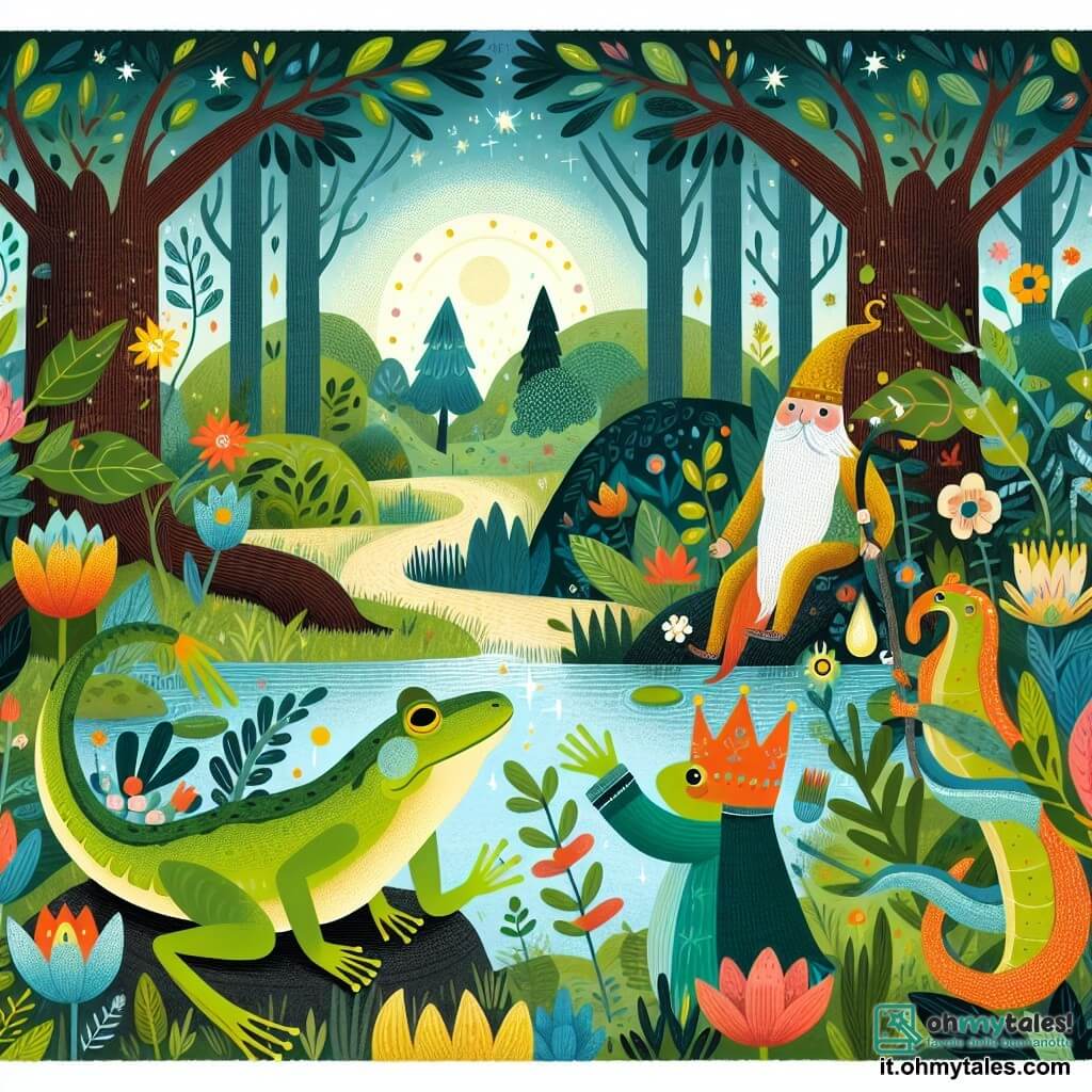 Une illustration destinée aux enfants représentant une grenouille colorée et joyeuse se lançant dans un voyage magique à travers un bosco incantato, accompagnée d'une salamandre sage et bienveillante, dans un laghetto circondato da fiori colorati e piante rigogliose.