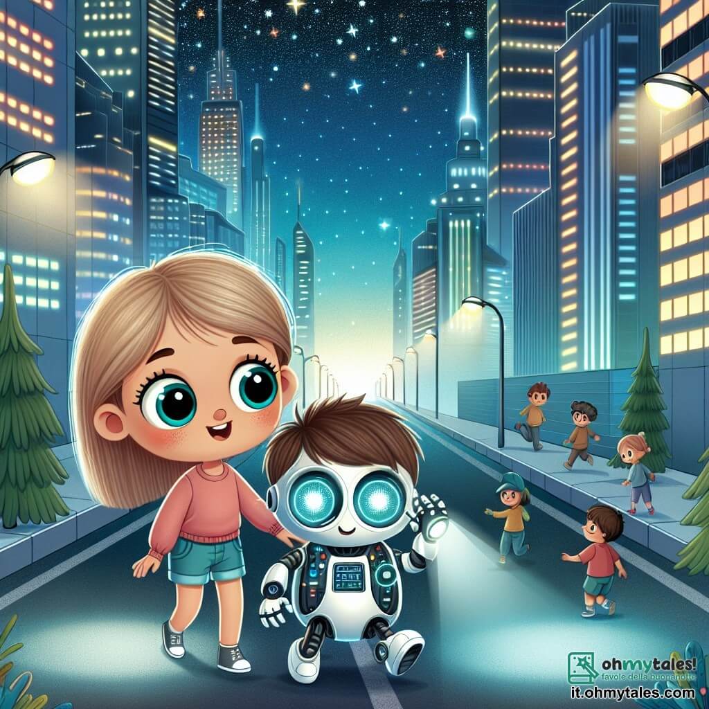 Une illustration destinée aux enfants représentant une fille aux grands yeux curieux, aidant un garçon à la recherche de son robot perdu, dans la ville futuriste de Nova Aurora, où les rues brillent de lumières fluorescentes et les gratte-ciels s'élèvent vers un ciel étoilé.