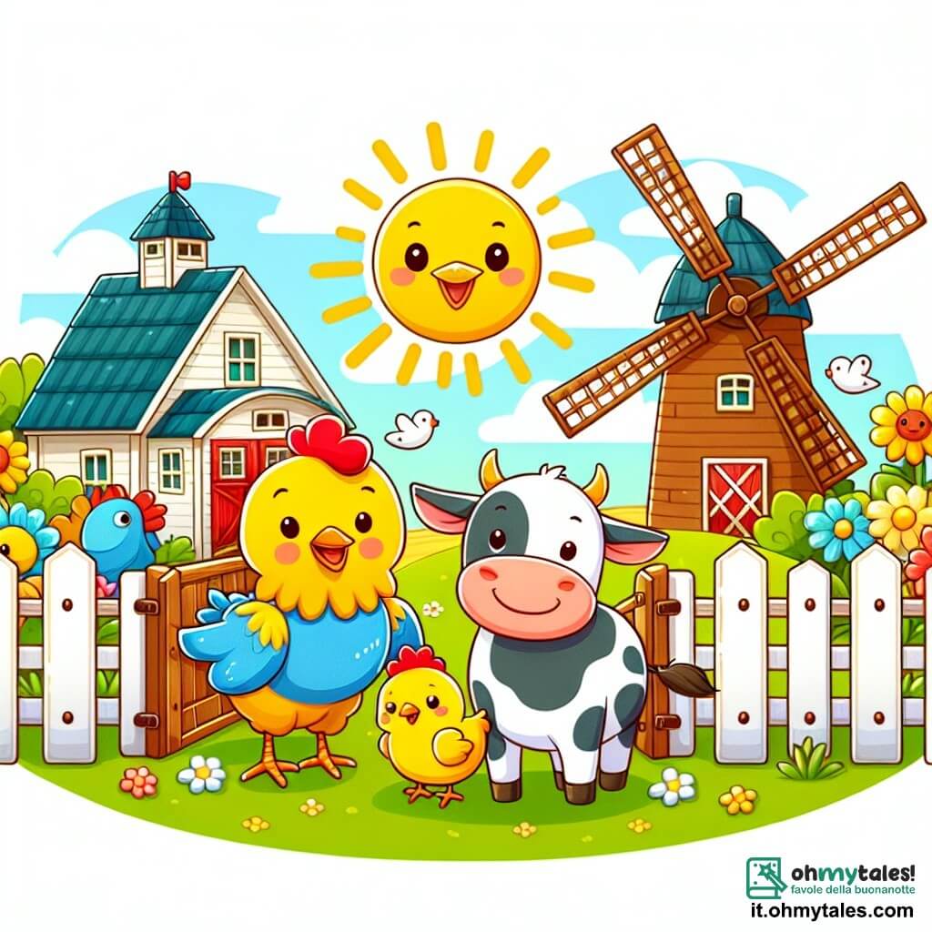 Une illustration destinée aux enfants représentant une joyeuse poule, une vache curieuse, et d'autres animaux de la ferme colorés, dans la cour ensoleillée d'une ferme pittoresque avec un grand moulin à vent à l'arrière-plan.