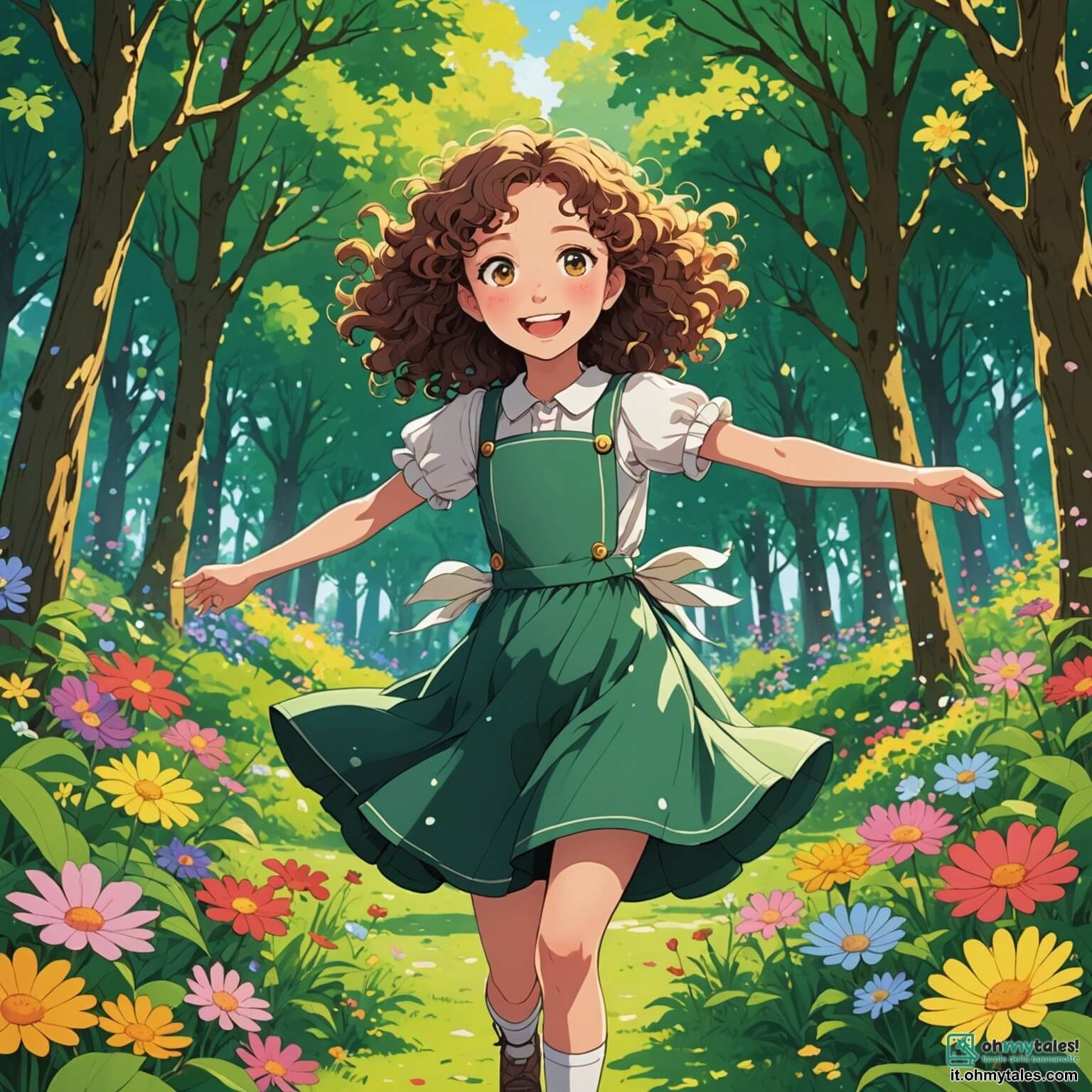 Une illustration destinée aux enfants représentant une jeune fille pleine de vie aux cheveux bouclés et aux yeux pétillants d'enthousiasme, se tenant au milieu d'un parc verdoyant parsemé de fleurs colorées et de grands arbres aux feuilles dansantes, où elle rêve de créer un événement inspirant pour rassembler toutes les filles de son village, entourée de sa meilleure amie, une fille souriante et déterminée, ainsi que de femmes sages et courageuses prêtes à partager leurs histoires de force et d'égalité, le tout sous un ciel bleu éclatant, symbolisant l'espoir et la promesse d'un avenir où chaque voix compte et où les rêves de toutes les filles peuvent prendre leur envol.