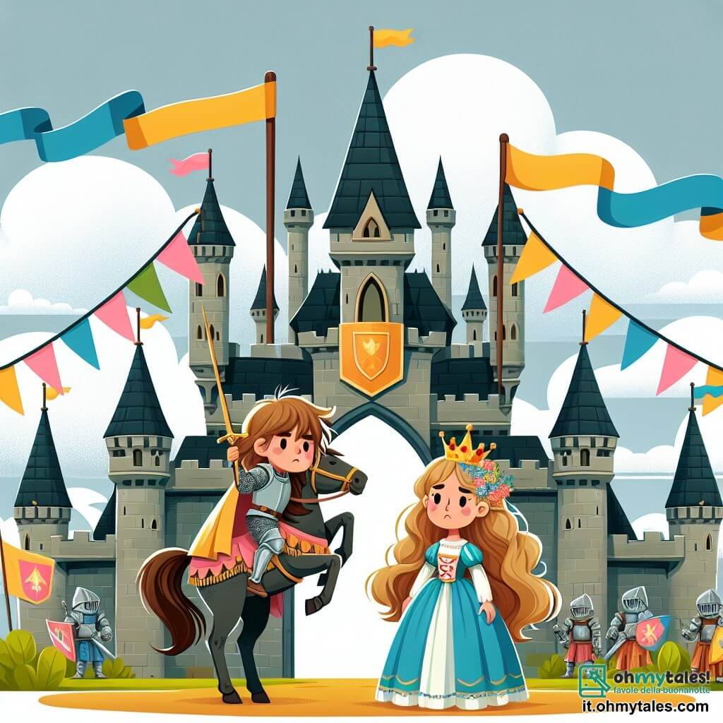 Une illustration destinée aux enfants représentant un jeune chevalier courageux, une princesse en détresse, dans un château majestueux entouré de hauts remparts en pierre, avec des tourelles pointues et des bannières colorées flottant au vent.