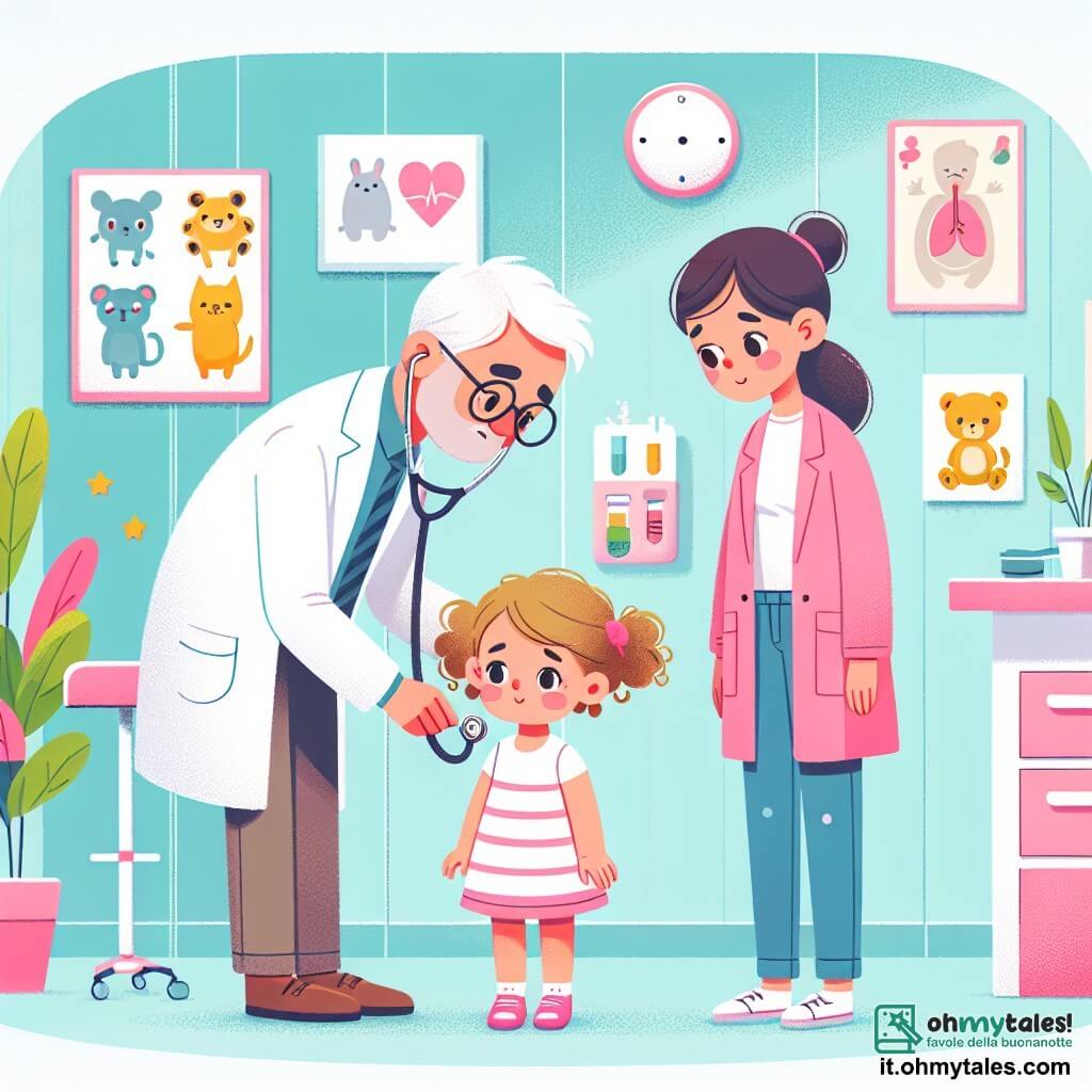 Une illustration sous forme de dessin destinée aux enfants représentant un chaleureux studio médical coloré, avec des murs ornés de dessins d'animaux et de posters éducatifs, où un homme au sourire bienveillant, portant une blouse blanche et des lunettes, examine une petite fille aux cheveux bouclés et aux yeux brillants, qui semble un peu nerveuse mais curieuse, tandis qu'une femme souriante, habillée d'une blouse rose, se tient à côté d'eux, prête à aider, le tout dans une ambiance rassurante et amicale, illustrant le moment où le médecin et la doctoresse s'apprêtent à soigner la petite fille qui a mal au ventre.
