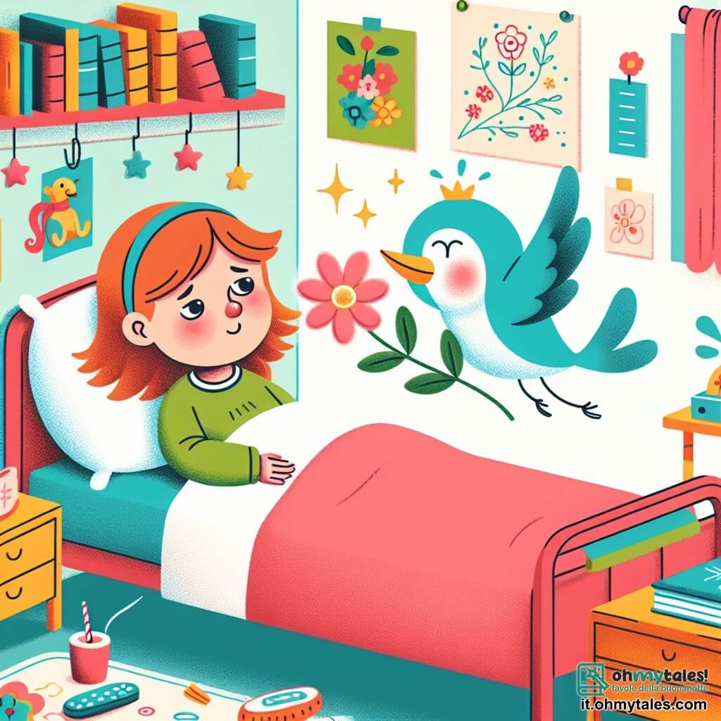 Une illustration destinée aux enfants représentant une petite fille malade allongée dans son lit, un joyeux oiseau nommé Piumino qui lui apporte un fiore magico, dans une chambre remplie de peluches colorées, de livres et de dessins accrochés aux murs.
