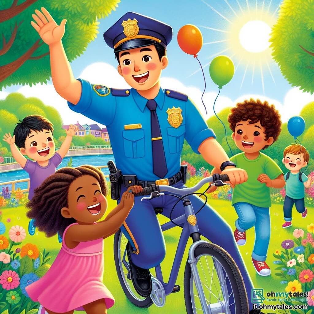 Illustration destinée aux enfants représentant un parc ensoleillé, rempli d'arbres verdoyants et de fleurs colorées, où des enfants jouent joyeusement sur l'herbe. Au centre, un policier homme souriant, vêtu d'une uniforme bleu vif avec un badge brillant, est en train de faire du vélo, ses cheveux bruns légèrement ébouriffés par le vent. À ses côtés, une petite fille aux cheveux blonds et bouclés, portant une robe rose, lève les bras en l'air avec enthousiasme, tandis qu'un garçon aux cheveux châtains, vêtu d'un t-shirt vert, applaudit avec un grand sourire. La scène dégage une atmosphère de joie et de camaraderie, illustrant le moment où le policier montre aux enfants l'importance de l'entraide et de la gentillesse. Des ballons colorés flottent dans le ciel bleu, ajoutant une touche festive à l'image.