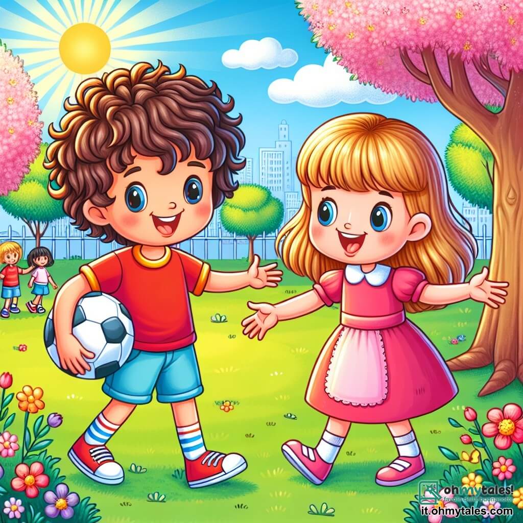 Une illustration sous forme de dessin destinée aux enfants représentant un parc ensoleillé avec des arbres verdoyants et des fleurs colorées, où un garçon de 8 ans aux cheveux bruns et bouclés, portant un t-shirt rouge et un short bleu, sourit en tenant un ballon, tandis qu'une fille aux cheveux longs et blonds, vêtue d'une robe rose, l'encourage à rassembler d'autres enfants pour jouer ensemble, illustrant ainsi l'esprit d'inclusion et d'égalité des genres dans un grand jeu collectif où tous les enfants, garçons et filles, s'amusent ensemble.