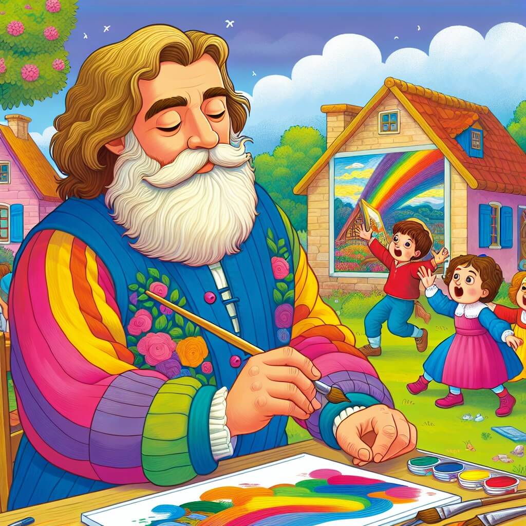 Une illustration destinée aux enfants représentant un homme barbu, vêtu de couleurs vives, plongé dans la création d'une magnifique peinture, entouré d'enfants émerveillés, dans une petite maison colorée au milieu d'un village paisible.