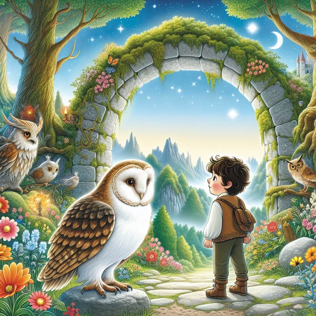 Une illustration destinée aux enfants représentant un jeune garçon curieux, se tenant devant un mystérieux arche de pierre recouvert de mousse, découvrant un vieux sage gufo nommé Orazio, dans un paysage magique rempli de fleurs éclatantes, d'arbres majestueux et de créatures fantastiques, au cœur du merveilleux pays des rêves.