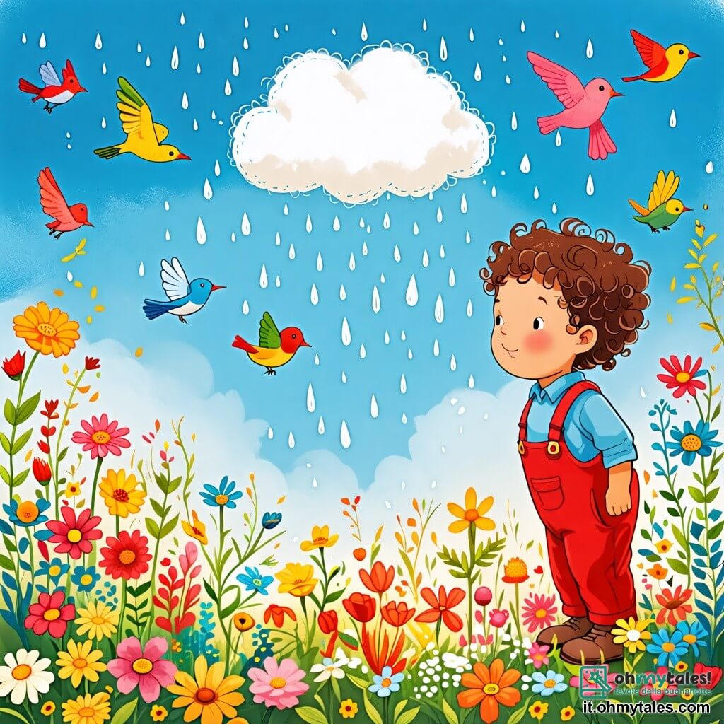 Une illustration sous forme de dessin destinée aux enfants représentant un jardin coloré rempli de fleurs éclatantes sous un ciel bleu, où un garçon de 2 ans aux cheveux bouclés et aux yeux pétillants, vêtu d'une salopette rouge, regarde avec émerveillement une petite nuage blanche et fluffy qui flotte au-dessus de lui, semblant hésiter à laisser tomber quelques gouttes de pluie, tandis que des oiseaux colorés chantent joyeusement sur les branches des arbres environnants, créant une atmosphère magique et pleine de vie.
