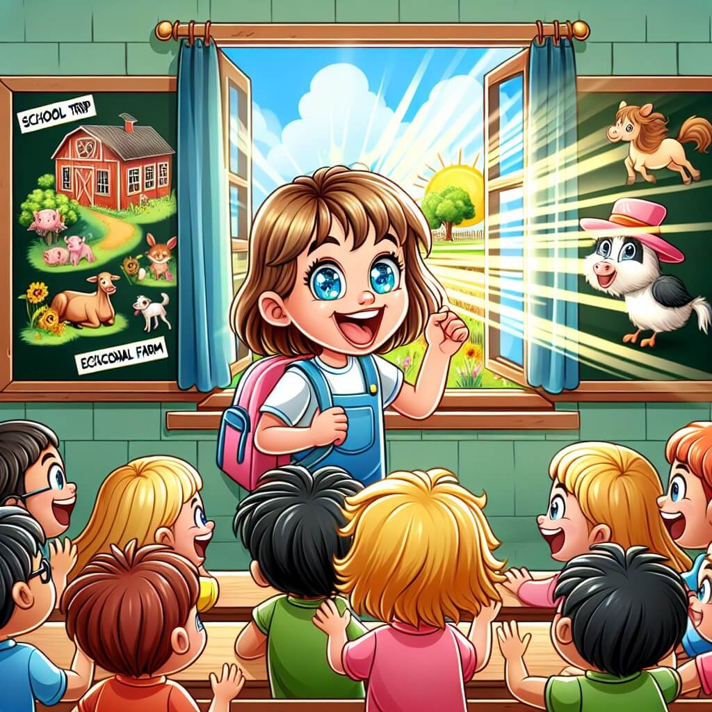 Une illustration destinée aux enfants représentant une jeune fille aux yeux pétillants, pleine d'excitation, découvrant une annonce de voyage scolaire dans sa classe, entourée de ses camarades enthousiastes, tandis que derrière eux, une fenêtre ouverte laisse entrer un rayon de soleil éclairant un tableau rempli de dessins colorés d'animaux de la ferme, annonçant le lieu principal où se déroulera cette aventure : une magnifique et animée ferme didactique.