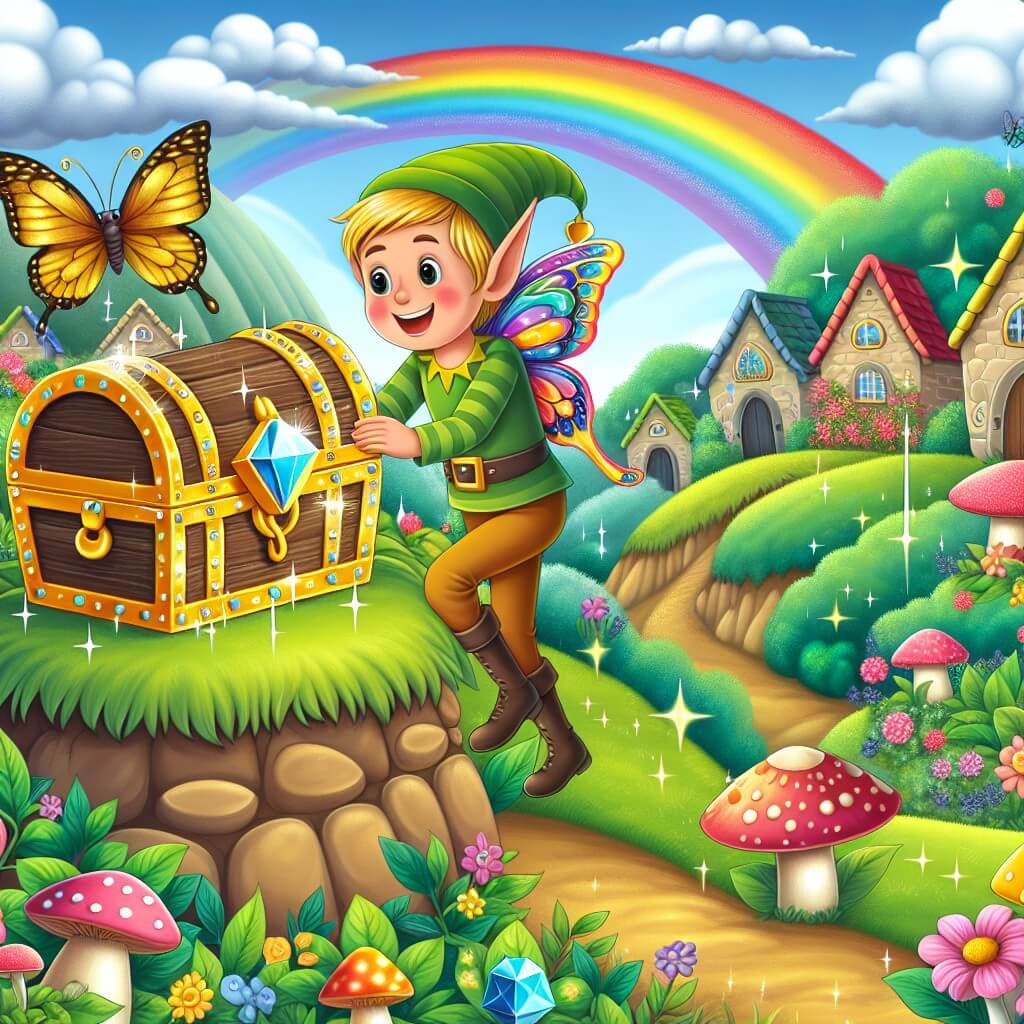 Une illustration destinée aux enfants représentant un lutin malicieux découvrant un mystérieux coffre doré avec des pierres scintillantes, accompagné d'une farfalla colorée, dans un village caché parmi les collines, avec des maisons en forme de champignons et de feuilles, des jardins fleuris et un arc-en-ciel brillant dans le ciel.