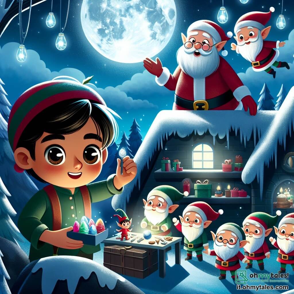Une illustration destinée aux enfants représentant un garçon aux yeux brillants de curiosité, aidant Babbo Natale et ses joyeux elfes à préparer des cadeaux magiques dans un laboratoire secret, situé au cœur d'une forêt enchantée illuminée par la lueur argentée de la lune.