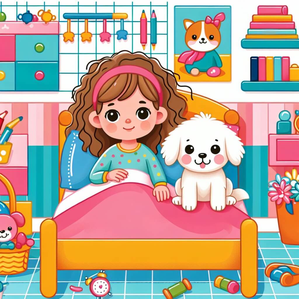 Une illustration destinée aux enfants représentant une petite fille aux cheveux bouclés, allongée dans un lit avec une couverture rose, accompagnée d'un adorable chiot, dans une chambre lumineuse et colorée remplie de jouets et de livres.