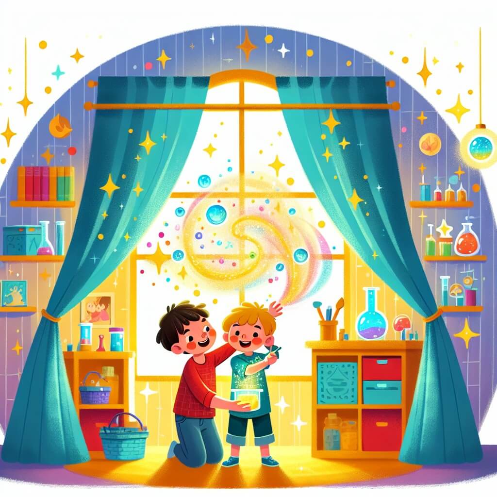 Une illustration destinée aux enfants représentant un jeune garçon, plein d'enthousiasme, en train de créer une surprise pour sa maman adorée dans son laboratoire secret rempli de couleurs vives et scintillantes, situé au cœur de sa chambre douillette.