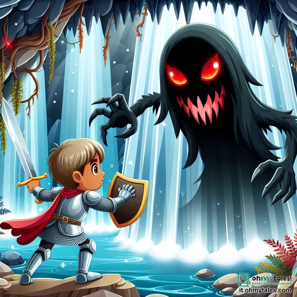 Une illustration destinée aux enfants représentant une chevalière intrépide, affrontant un Orrore Oscuro aux yeux rouges et aux artigli affilés, dans une grotte cachée derrière une cascade scintillante.