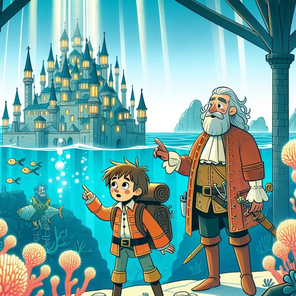 Une illustration destinée aux enfants représentant un jeune homme courageux, plongé dans une aventure fantastique à l'époque médiévale, accompagné d'un célèbre inventeur, dans une ville sous-marine aux tours de corail scintillantes, située au cœur de l'océan Atlantique.