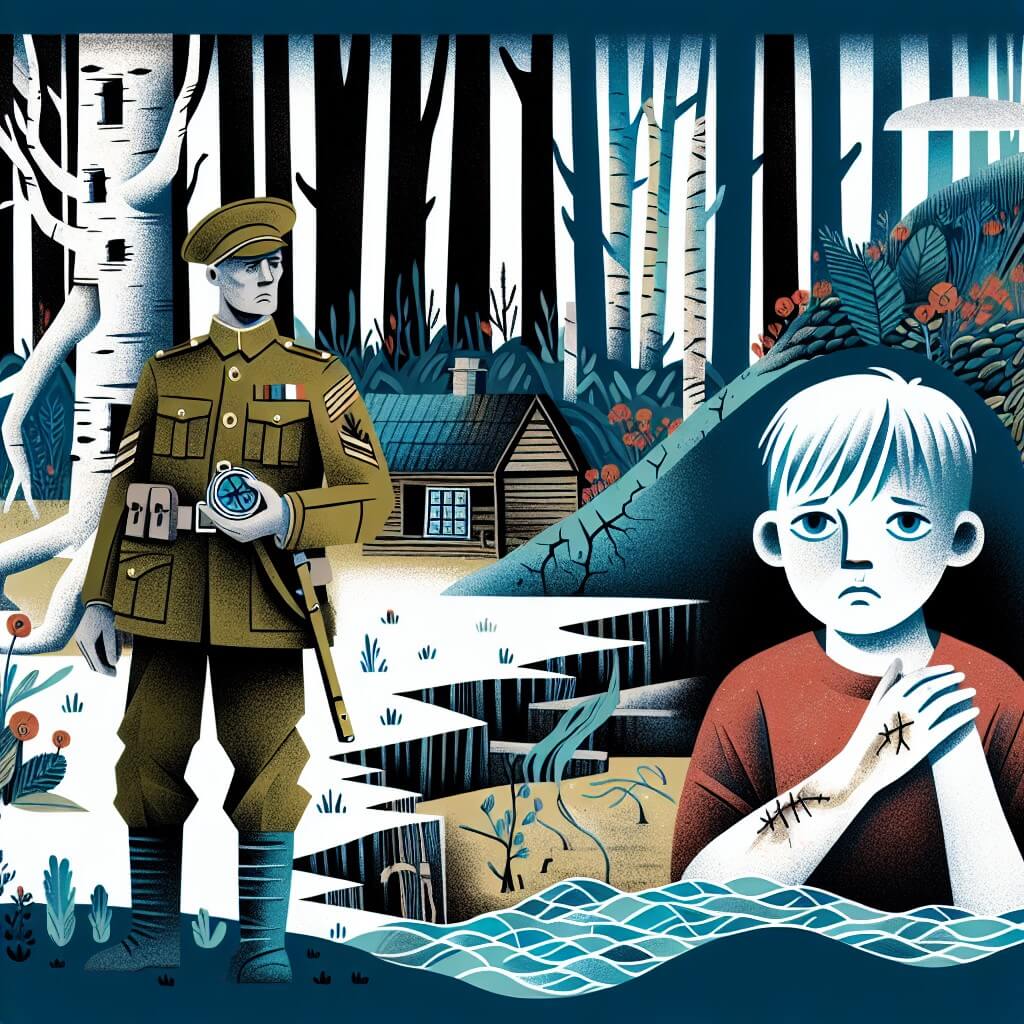 Une illustration destinée aux enfants représentant un homme courageux, vêtu d'un uniforme militaire et tenant une boussole, se tenant devant une forêt dense et sombre, avec des arbres déracinés et des tranchées, tandis qu'un jeune garçon aux yeux tristes et à la cicatrice sur le bras le regarde avec admiration, dans une petite maison près de la mer, avec des vagues bleues éclaboussant doucement le rivage.
