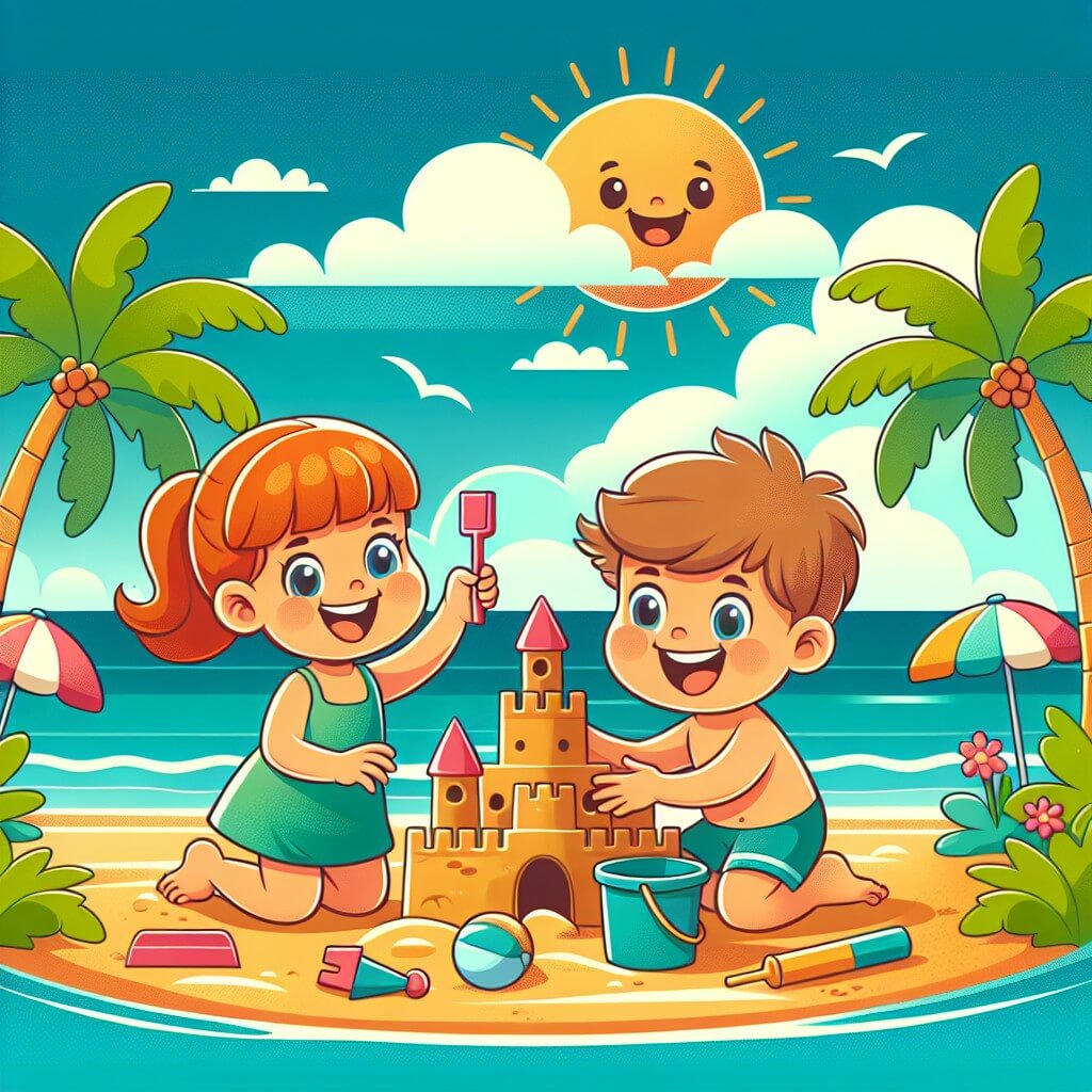Une illustration destinée aux enfants représentant une petite fille pleine d'enthousiasme, accompagnée d'un ami, en train de construire un immense château de sable sur une plage ensoleillée, bordée de palmiers et baignée par une mer bleu azur.