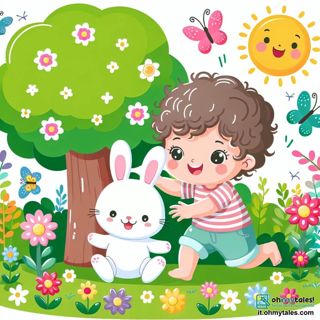 Une illustration sous forme de dessin destinée aux enfants représentant un jardin ensoleillé rempli de fleurs colorées et d'arbres verts, où un petit garçon de 1 an aux cheveux bouclés et aux yeux pétillants, souriant et riant, joue à cache-cache avec son adorable coniglietto de peluche blanc, qui se cache derrière un grand arbre, tandis que des papillons dansent autour d'eux, capturant l'esprit joyeux de leur amitié et de leurs rires.