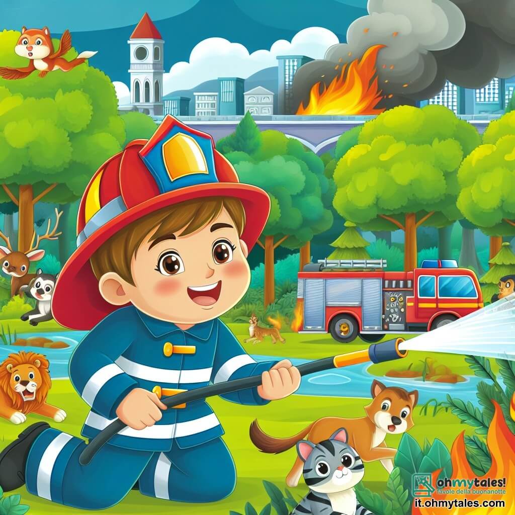 Une illustration destinée aux enfants représentant un courageux pompier au sourire rayonnant, en uniforme bleu et casque rouge, luttant contre un incendie ravageur dans une forêt verdoyante, entouré d'animaux effrayés, dans la paisible ville de Bambinopoli.